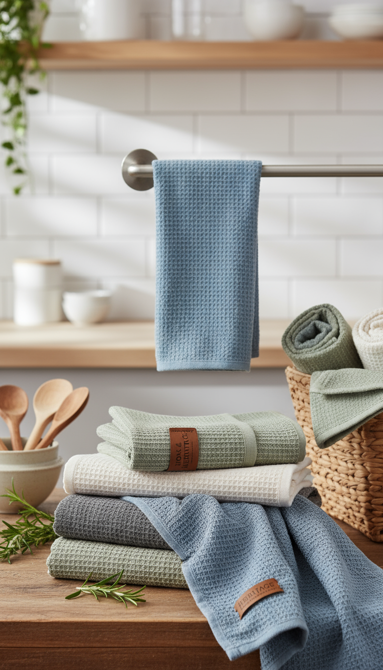 Absorbent Waffle-Weave Kitchen Towels in Coastal and Earth Tones