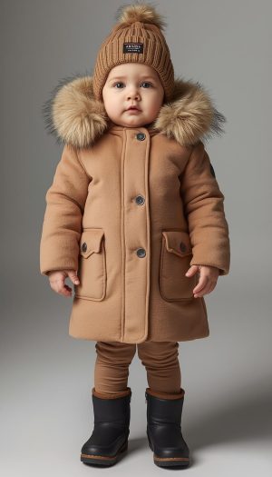 Infant's Premium Long Camel Coat with Faux Fur Hood