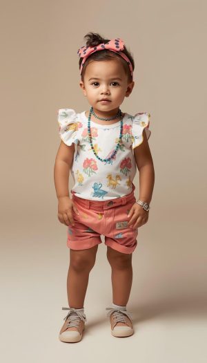 Infant Girl's Flutter-Sleeve Top and Pink Cuffed Shorts Outfit