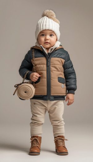 Infant's Two-Tone Puffer Jacket and Warm Knit Hat Set
