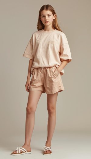 Teen Girl's Oversized T-Shirt and Pleated Shorts Co-ord Set - Peach