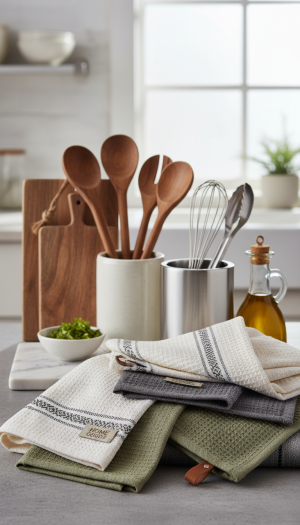 Premium Kitchen Towels Set: Waffle Weave & Striped Linen Collection