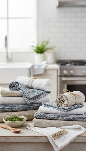 Textured Linen-Look Kitchen Towels in Blue, White, and Natural Tones
