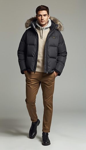 Men's Classic Puffer Parka with Fur Trim Hood