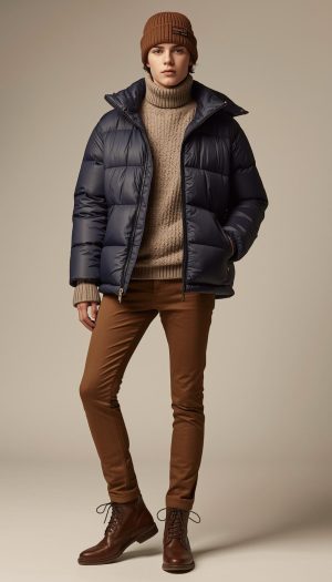 Teen's Sleek Navy Puffer Jacket and Chunky Turtleneck Outfit