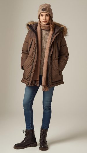 Teen Girl's Insulated Brown Long Puffer Coat with Scarf