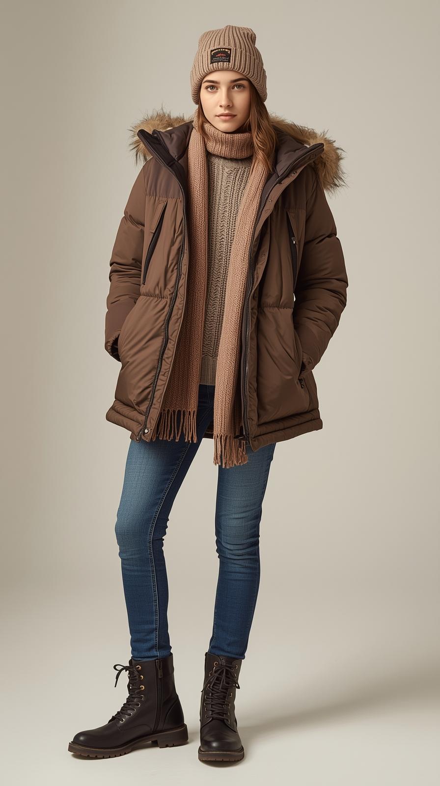 Teen Girl's Insulated Brown Long Puffer Coat with Scarf