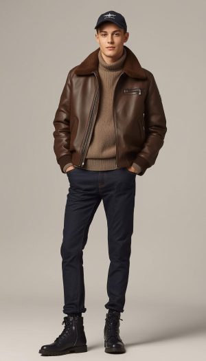 Teen's Brown Leather Jacket with Shearling Collar