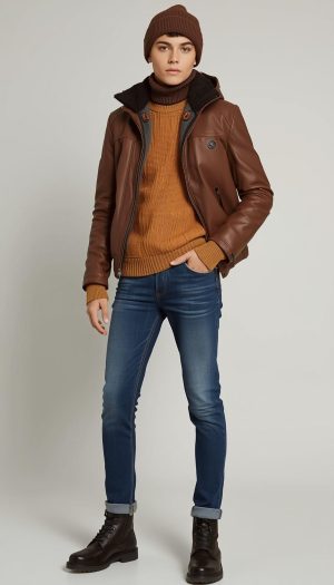 Teen's Rugged Winter Style: Shearling Collar Leather and Knitwear