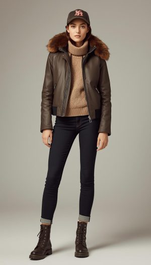 Teen Girl's Brown Leather Bomber Jacket with Fur Hood