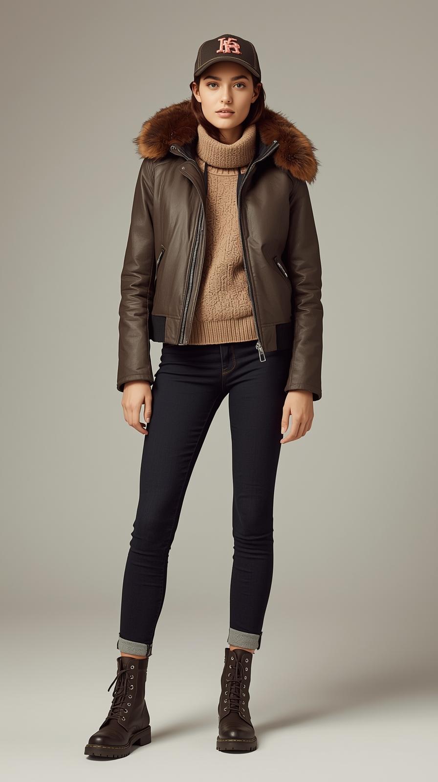Teen Girl's Brown Leather Bomber Jacket with Fur Hood