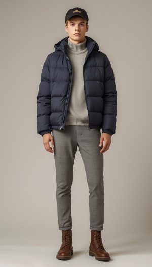 Teen's Modern Cold Weather Look: Puffer Jacket and Plaid Trousers