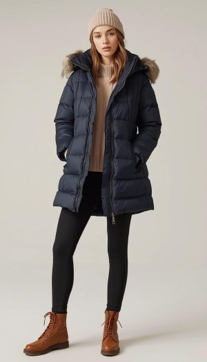 Teen Girl's Insulated Navy Long Puffer Parka Outfit